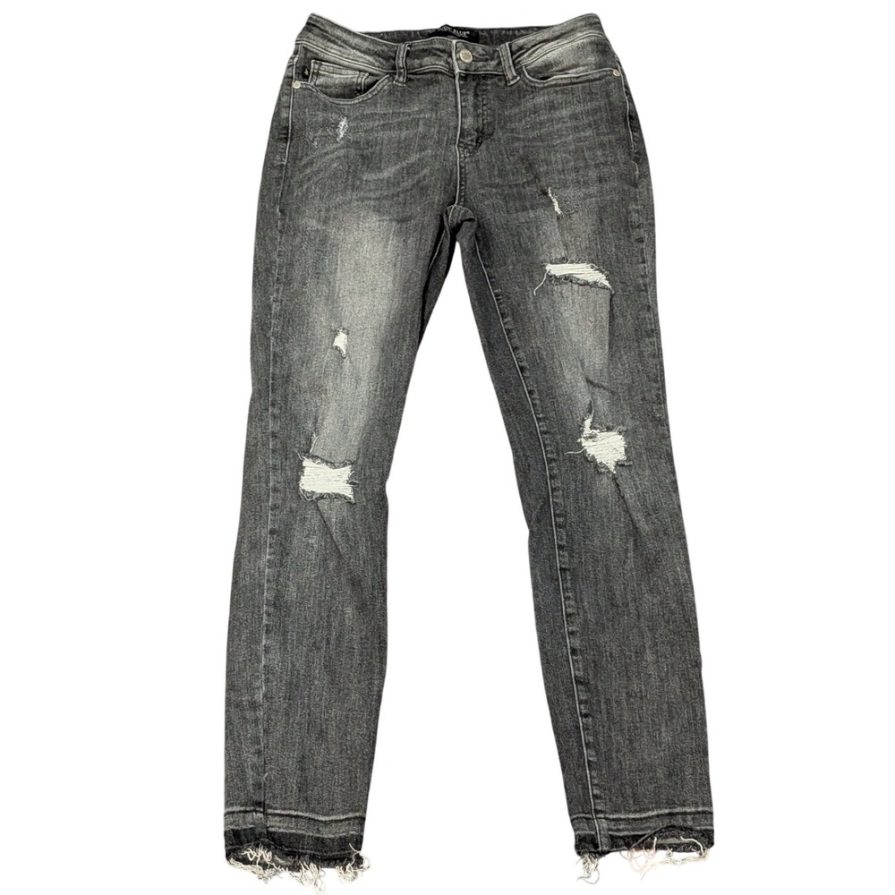 JUDY BLUE Skinny Fit Distressed Frayed Hem Jeans Faded Blk Sz 9/29‎ Edgy Stretch